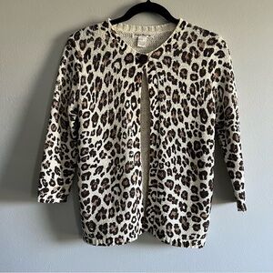 Susan Bristol Leopard One Button Open Front 3/4 Sleeve Cardigan Cotton Blend SM